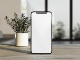 phone mockup on wooden table photo