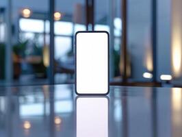 a white smartphone on a table in front of a window photo