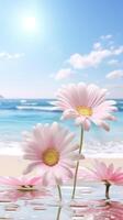 Three pink flowers are sitting in the water on a beach photo