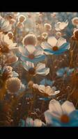A field of white flowers with the sun shining through photo