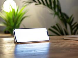 smartphone with white screen on table in front of plant photo