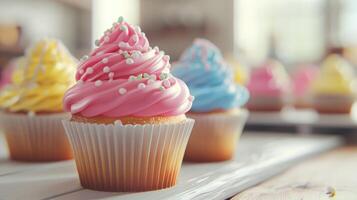 A row of cupcakes with frosting on top photo