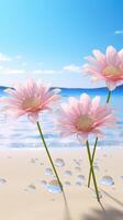 Three pink flowers are on the beach near the ocean photo