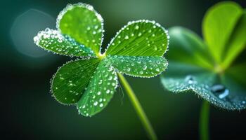 Water Drops on Green Clover Leaves Create a Sparkling Effect in Natural Light photo