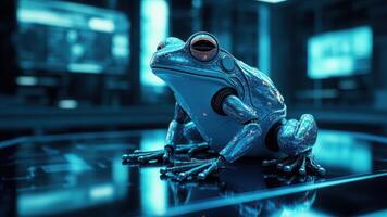 Cyborg Frog in High-Tech Laboratory Environment Exploring Advanced Robotics and Artificial Intelligence photo
