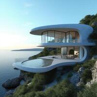 Modern Cliffside Cottage Overlooking Serene Ocean Waters in a Stunning Coastal Setting During Daylight photo