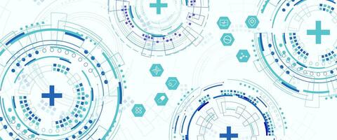 Abstract futuristic medical technology background with circular digital patterns and healthcare icons. Modern design concept for innovation, healthcare systems, and digital health solution. vector