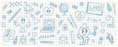 linear set of valentines day in school elements in doodle style. vector
