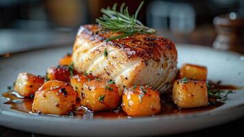 Delicious Pan Seared Fish with Roasted Butternut Squash and Rosemary photo