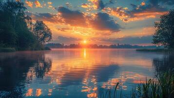 Serene Sunset over Calm Lake Golden Hour Sky Reflection Tranquil Nature Scene photo