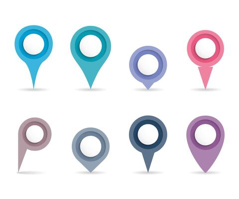 Map pins, eight shapes and colors