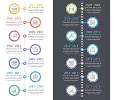 Vertical timeline infographics template with line icons, workflow or process diagram, white and dark backgrounds vector