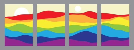 Collection of rainbow colored mountains, translucent waves, abstract glass shapes, modern background, vector