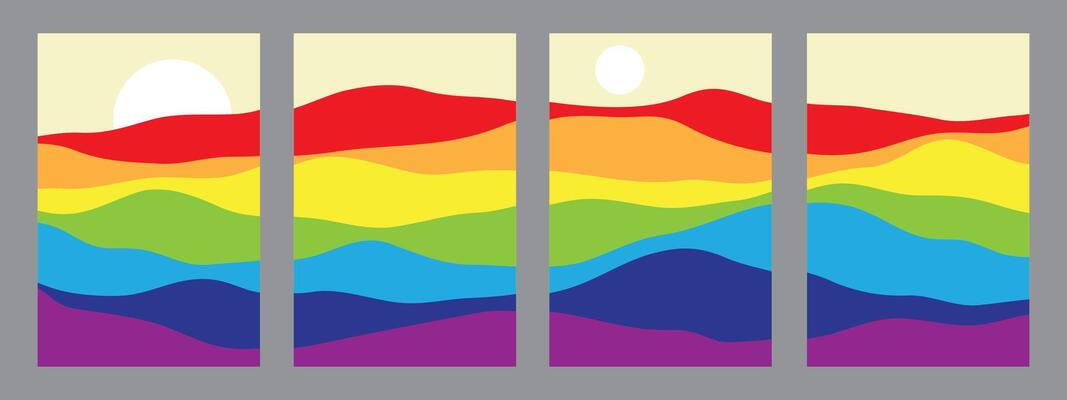 Collection of rainbow colored mountains, translucent waves, abstract glass shapes, modern background,
