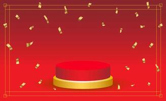 Luxury red gold stage podium with gold confetti on gradient red background to display product vector