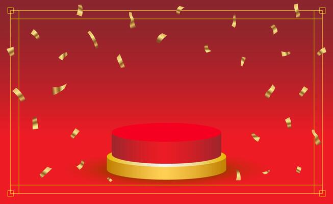Luxury red gold stage podium with gold confetti on gradient red background to display product