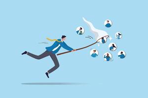 Finding new customers, clients or candidate for vacancy, marketing or hr human resources hiring new employees, leads generation or prospect concept, businessman with butterfly net catching customers. vector