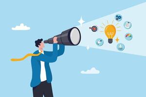 Product discovery, market trend research, testing and feedback, usability insights, prototype to launch product, demand evaluation concept, businessman discover light bulb idea through telescope. vector