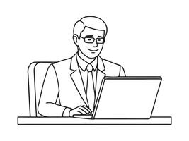 Person working in office with laptop line art vector