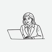 Woman working in office with laptop line art vector