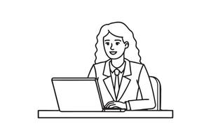 A woman working in office with laptop line art. vector