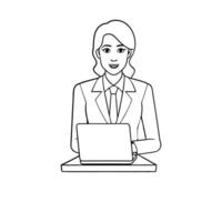 Person working in office with laptop line art. vector