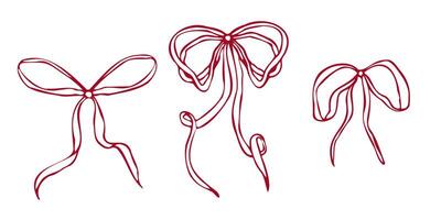 Hand drawn bows set with various shapes and ribbon styles. Minimalist red outline linear trendy sketch style. illustration for fashion, packaging, digital prints, invitation, scrapbooking, logo vector