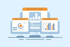 Big data analysis concept on computer, monitor with research analysis information, charts, diagrams and graphs, statistical reports, computer cloud technology. Cartoon design illustration. vector