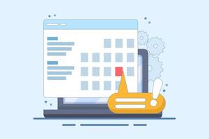 Computer Concept with calendar, deadline list, notes, online notification on website as reminder of important event, electronic or digital internet on laptop, modern notes. flat design. vector
