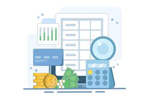 Business accounting software concept, Financial analysis, Business data integration, Tax calculation, Increasing tax payments. Flat design illustration on background. vector