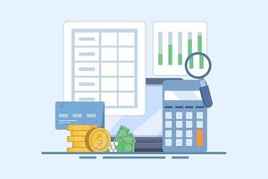 Business accounting software concept, Financial analysis, Business data integration, Tax calculation, Increasing tax payments. Flat design illustration with background icons. vector