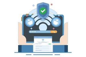 wifi network security and protection concept. wifi encryption. technology and safety. wifi signal symbol, search bar, account and shield with check mark. cartoon design illustration. vector