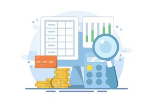 Business accounting software concept, Financial analysis, Business data integration, Tax calculation, Increasing tax payments. Cartoon design illustration on background. vector
