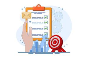 Business Target Letter Concept. Clipboard with Target Arrow. Approaching target audience using email marketing, Email newsletter, messaging, Online business strategy. Design illustration. vector