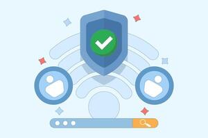 wifi network security and protection concept. wifi encryption. technology and safety. wifi signal symbol, search bar, account and shield with check mark. flat design illustration on background. vector