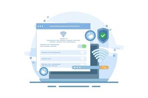 wifi network security and protection concept. wifi encryption. technology and safety. wifi signal symbol, search bar, account and shield with check mark. cartoon design illustration on background. vector