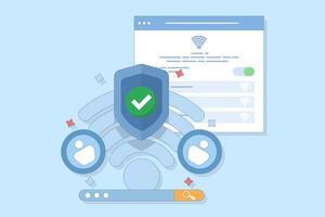 wifi network security and protection concept. wifi encryption. technology and safety. wifi signal symbol, search bar, account and shield with check mark. design illustration on background. vector
