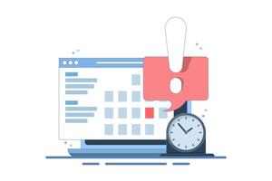 Computer Concept with calendar, deadline list, notes, online notification on website as reminder of important event, electronic or digital internet on laptop, modern notes. Flat illustration. vector