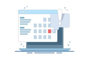 Computer Concept with calendar, deadline list, notes, online notification on website as reminder of important event, electronic or digital internet on laptop, modern notes. Flat design illustration. vector