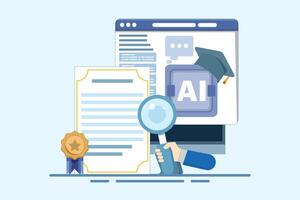 AI certification course concept, AI course, online certification, online education, artificial intelligence learning. flat illustration with icons on background. vector
