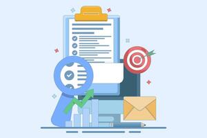 Business Target Letter Concept. Clipboard with Target Arrow. Approaching target audience using email marketing, Email newsletter, messaging, Online business strategy, Advertising and marketing. vector