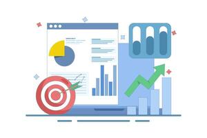 data analysis concept, Business Graph Report on Laptop computer and Target Arrow. Financial graph, Increase in profit and financial income. Business Target Marketing. Flat illustration on background. vector