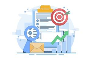 Business Target Letter Concept. Clipboard with Target Arrow. Approaching target audience using email marketing, Email newsletter, messaging, Online business strategy. Flat design illustration. vector