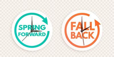 Spring Forward and Fall back stickers. Daylight saving time ends. Realistic 3d clock hands moving ahead and backward one hour vector