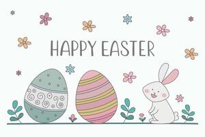 A pastel Easter illustration featuring two decorated eggs, a cute white rabbit, and colorful flowers. HAPPY EASTER is written above, creating a cheerful and festive vibe vector
