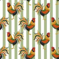 Rooster Seamless Pattern Design with Green and White Stripes Background vector