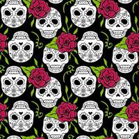 Human Skull Seamless Pattern Design with Red Roses for Halloween and Day of Dead vector