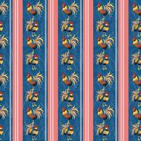 Rustic Seamless French Pattern with Roosters and Blue, Red and White Stripes vector