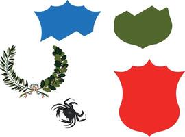A set of four different symbols, including a shield, a laurel wreath, a crab vector