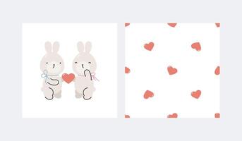 Print with cute rabbits and seamless pattern with hearts. Cartoon flat style. Valentine's day design. illustration. For cards, posters, banners, printing on the pack, clothes, fabric. vector